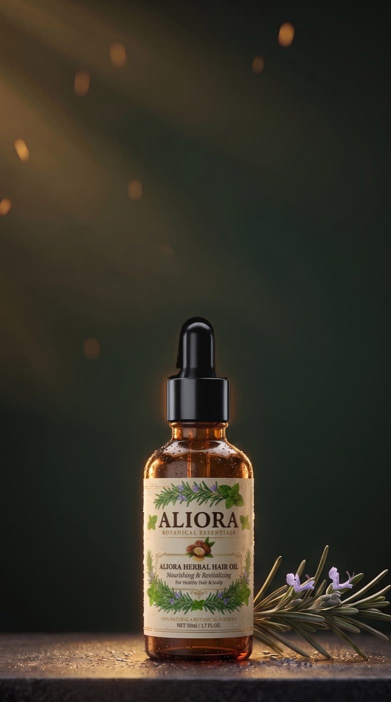 An Aliora Herbal Hair Oil bottle on dark stone, lit by warm golden light, with a rosemary sprig at its base